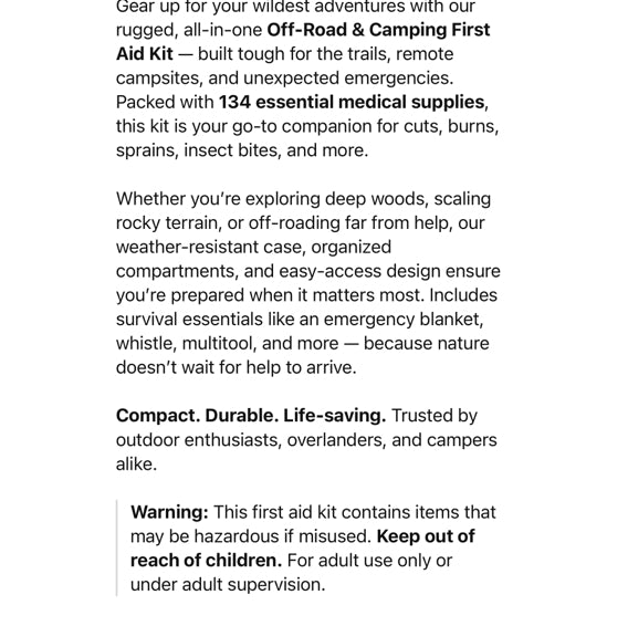 VIVO Off-Road Trail Ready First Aid Kit- Emergency kit for Off-Road , camping and more